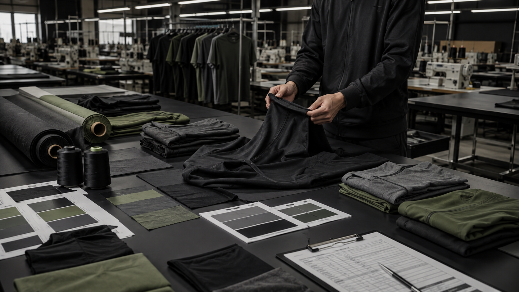 Two people reviewing a garment sample together on a factory floor