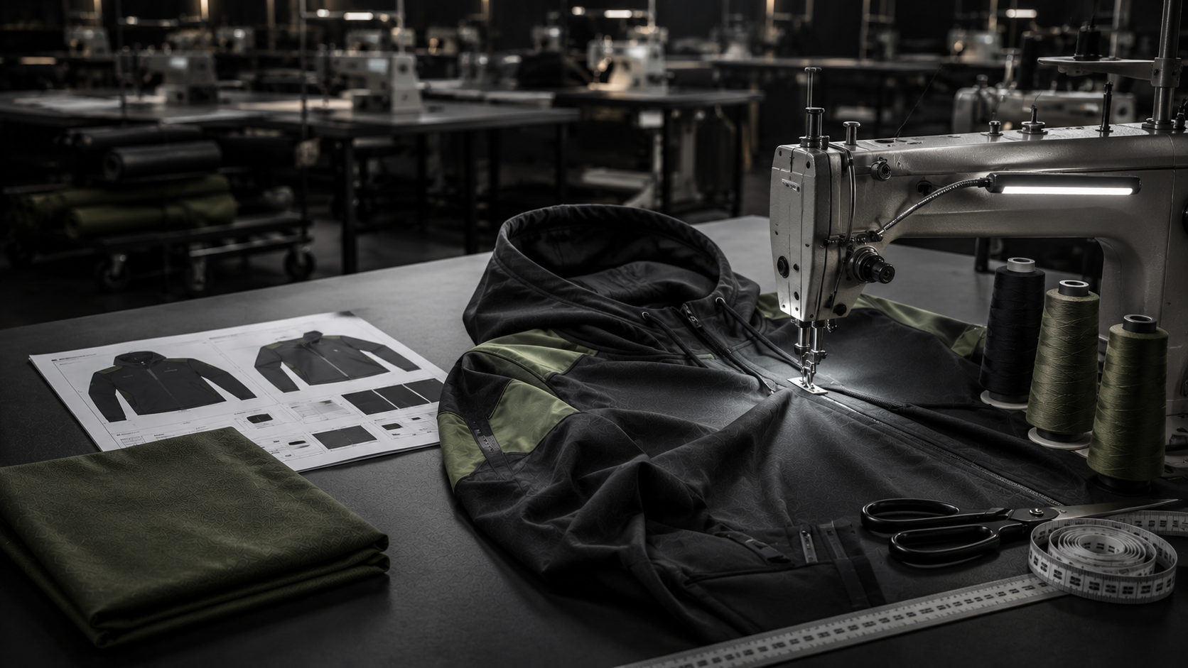 Sewing machine operator stitching a hoodie panel