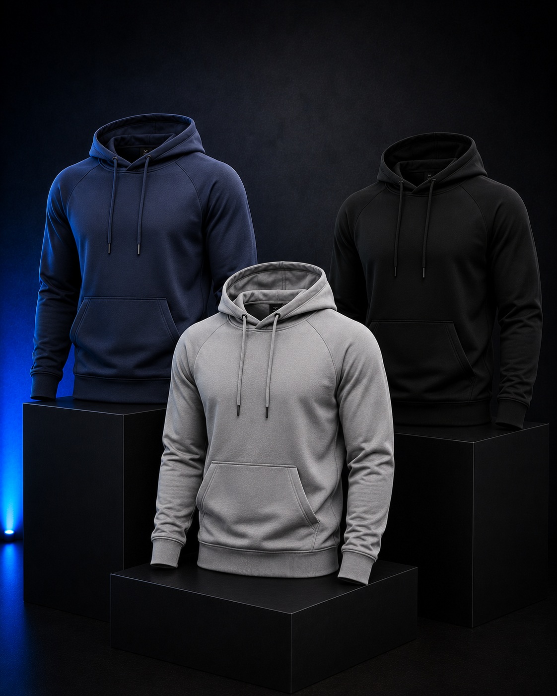 Model wearing a grey pullover hoodie